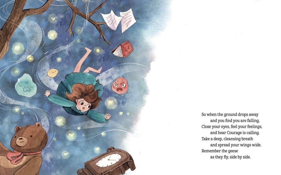 A child drifting through a deep blue night among falling books, a teddy bear and a lantern