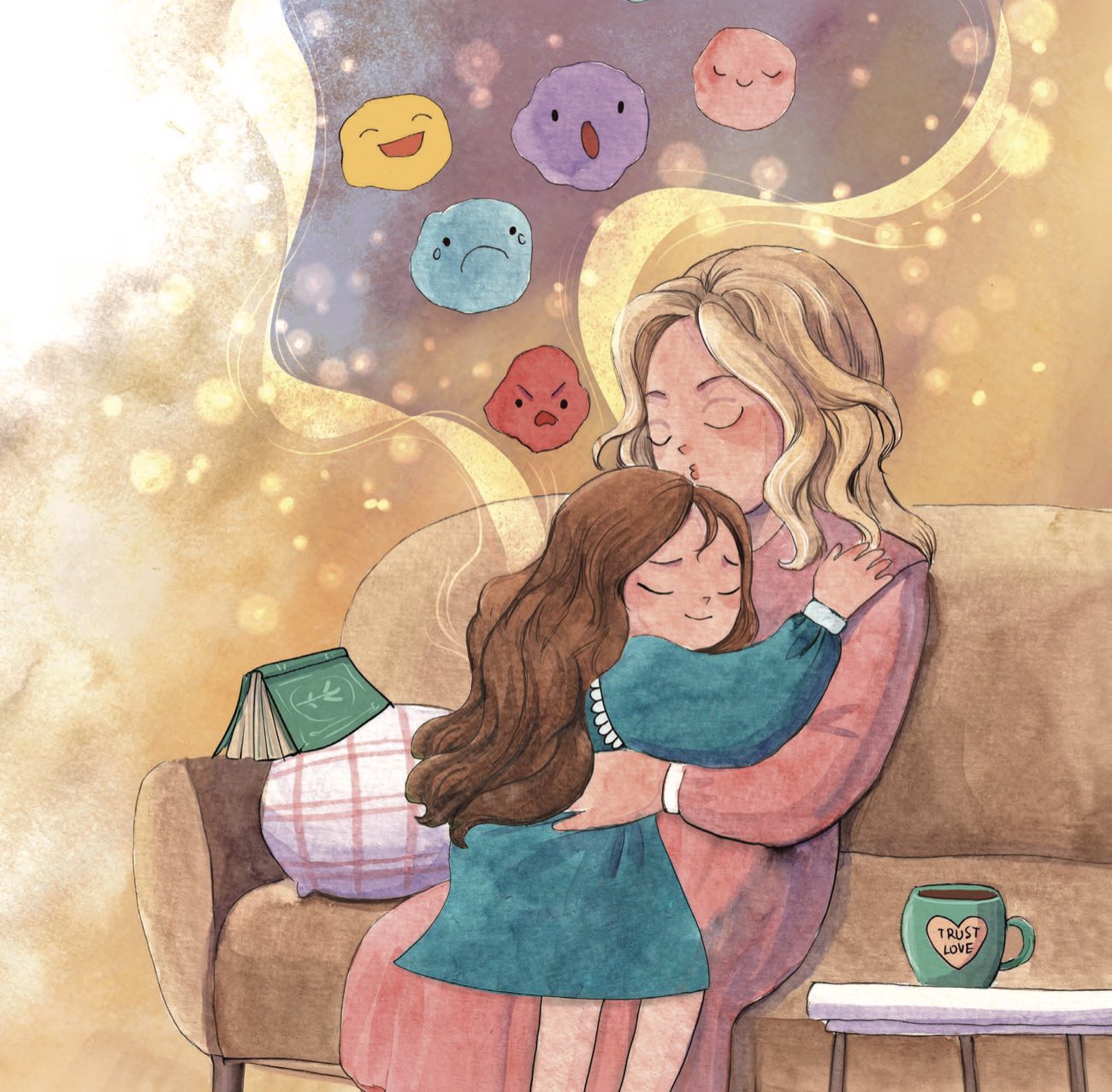 A parent and child holding each other close on a sofa, big feelings drifting above them like coloured clouds