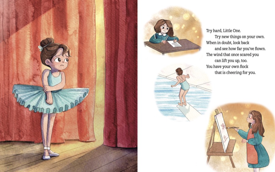 A young dancer stepping onto a stage, with small scenes of her writing, diving and painting