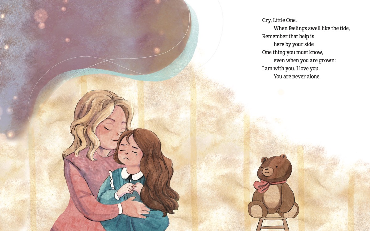 A mother holding her daughter close as she cries, a teddy bear waiting on a stool nearby