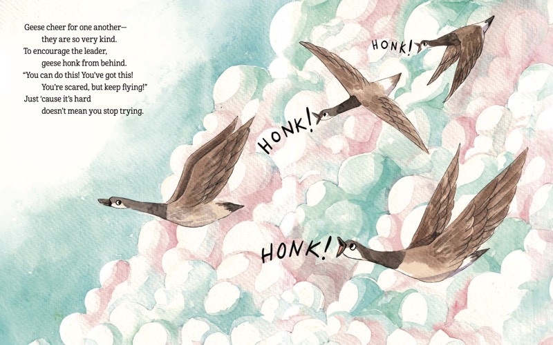 Geese calling to one another as they fly through pink and white clouds