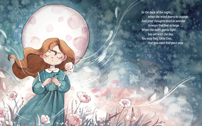 A child standing beneath a great full moon on a starry night