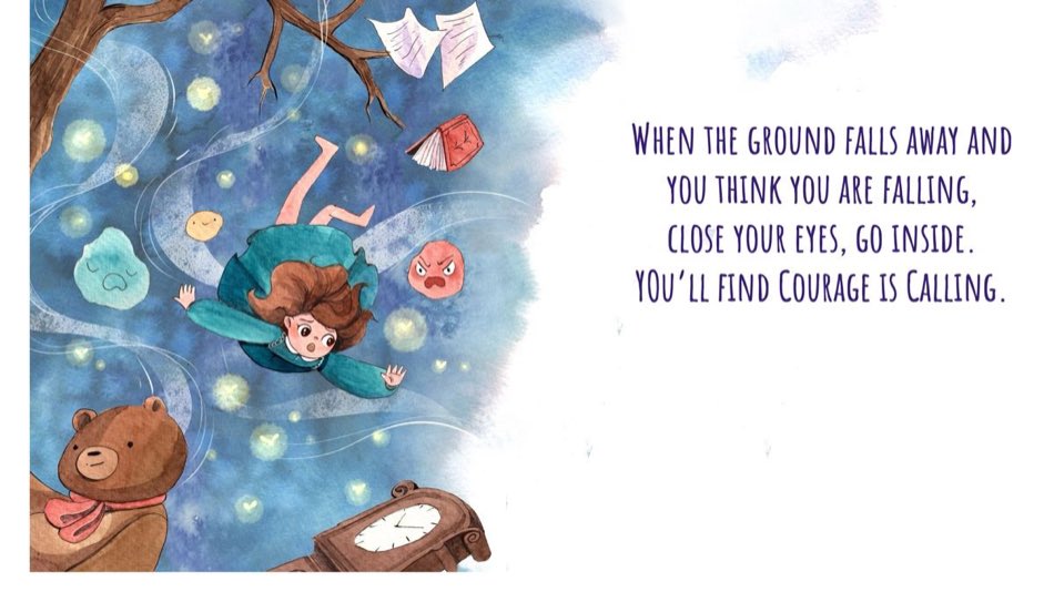 Child floating among fireflies and a gentle bear
