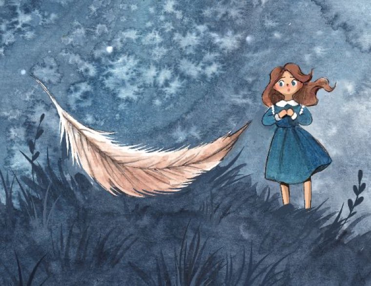 A child and a floating feather in a moonlit meadow