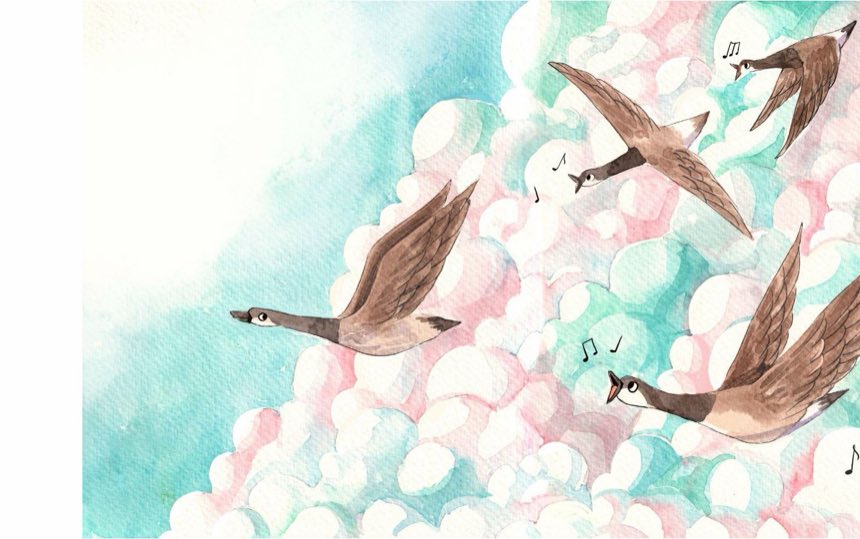 Geese drifting through soft clouds