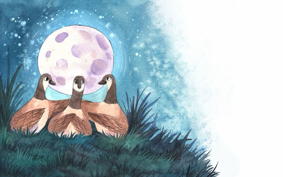 Two geese forming a heart beneath the moon