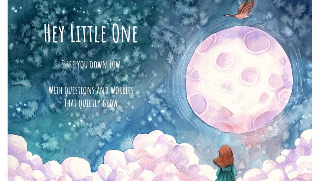 Watercolor of a child looking up at the moon over soft clouds, from When the Wind Changes