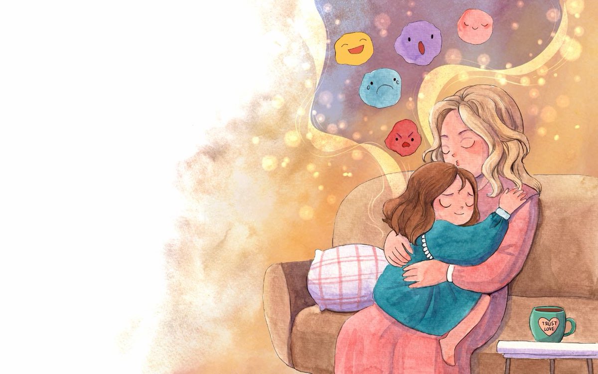 A parent and child holding each other close, emotions drifting up like soft clouds