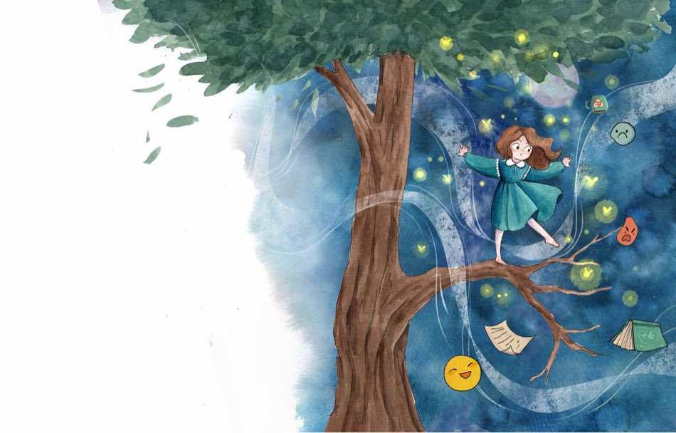 A child on a swing beneath a great tree